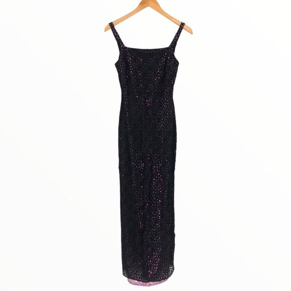 90’s Jessica McClintock Gunne Sax Black Lace Metallic Pink Dot Square Neck Dress - Picture 1 of 13